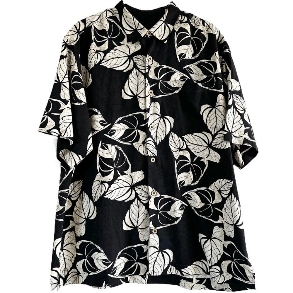 Tommy Bahama 100% Silk Hawaiian Shirt Button Down Floral Tropical Black White XL